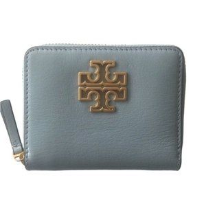 Tory Burch Britten Textured Leather Medium Blue Zip Around Wallet